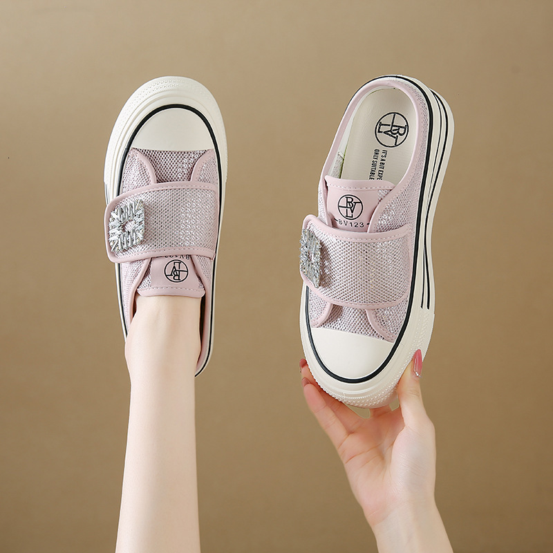 Ddmysports Thick Soled Closed Toe Half Slippers Women Summer New Breathable Mesh White Shoes Slip On Sandals For Outdoor Shoes