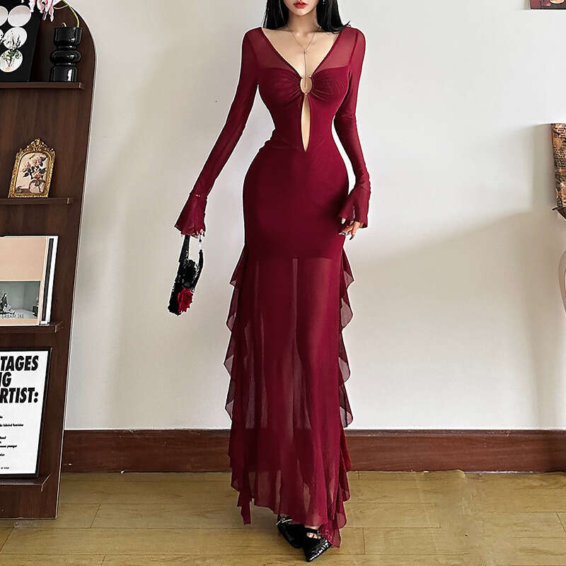 2024 Autumn Winter New Fashion Sexy Sleeve V-Neck Hollow Out Long Dress for Women 93b