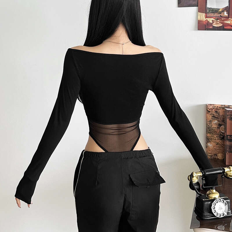 2024 Autumn Winter New Women's Solid Color Slim Street Fashion V-Neck Long Sleeve Mesh Jumpsuit a98