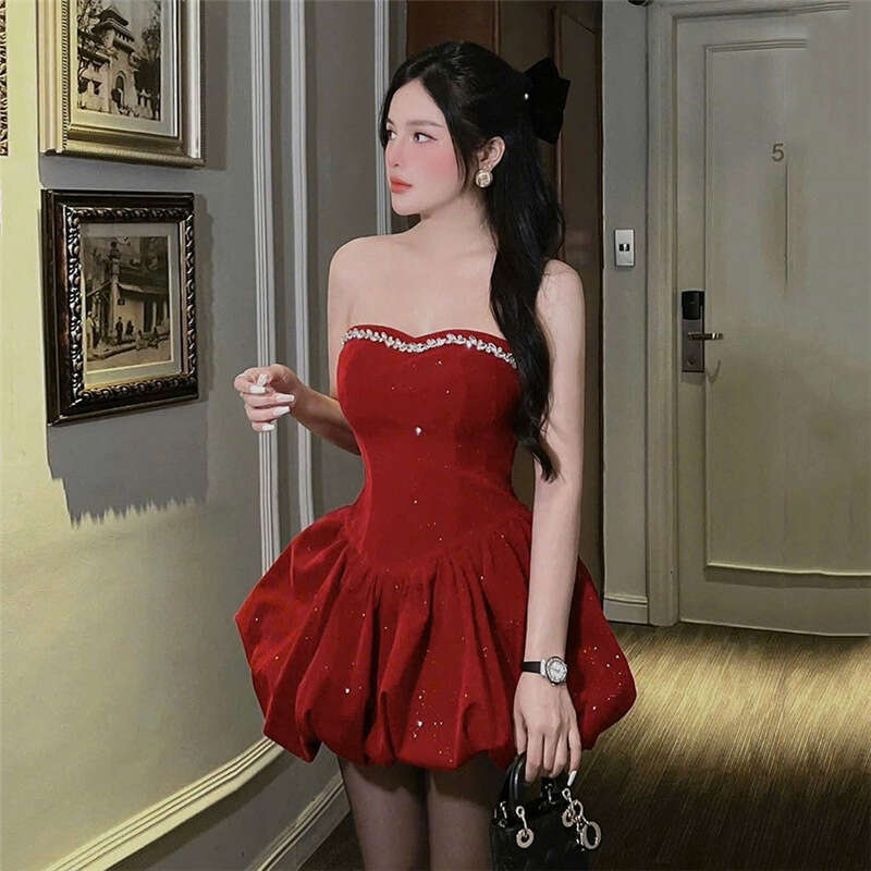 2024 Autumn Winter New Women's Solid Color Slim Street Fashion Off-Shoulder Tube Dress d0b