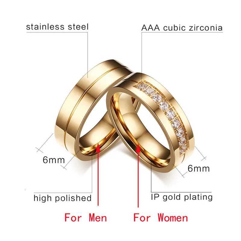 Vnox Trendy Wedding Ring Female/Male Love Gift Gold Stainless Steel CZ Promise Couple Jewelry W250417