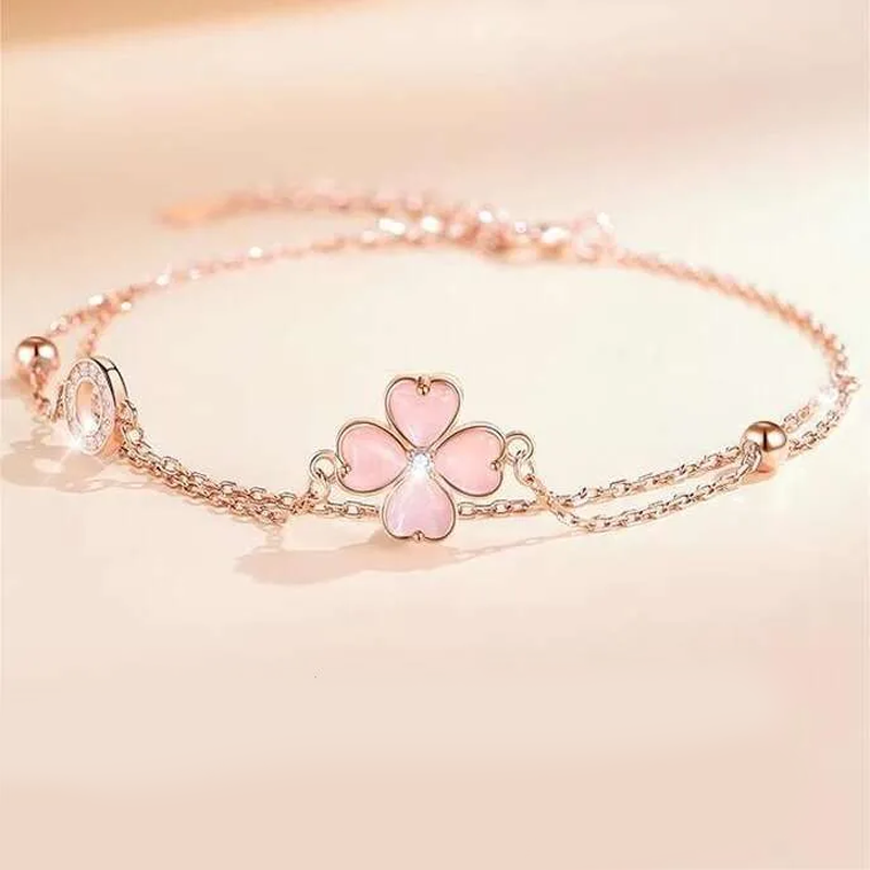 Pink Dia Four-leaf Clover Women Heart-shaped Cat's Eye Stone Double-layer Bracelet Fresh Sweet Designer Jewelry Ins Style Summer Jewelry For Girl