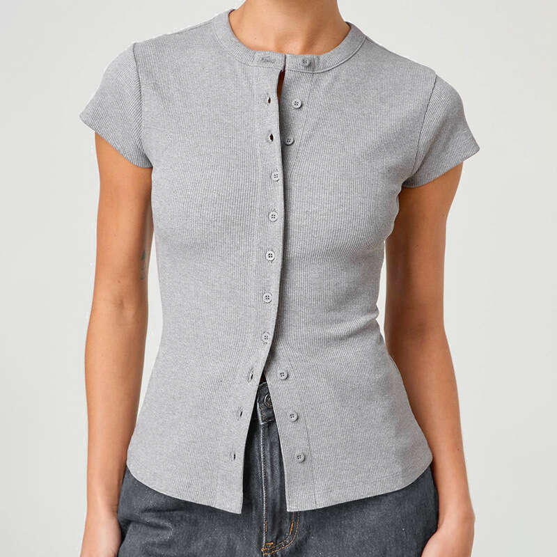 Y25tp017 Women's Spring And Summer New Solid Color Sexy Button Short Sleeve T-Shirt Top B5