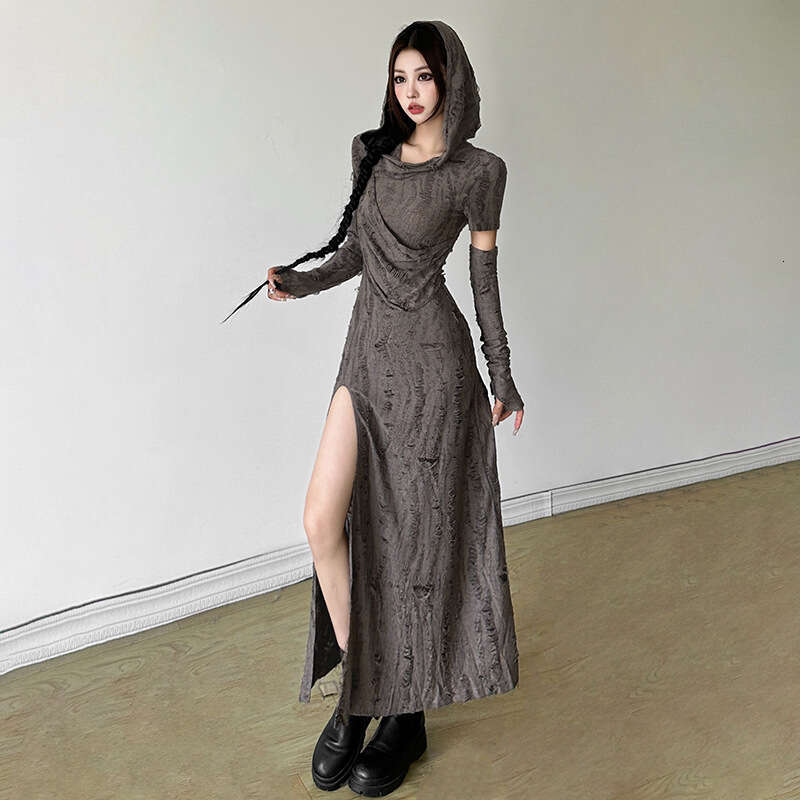 2024 Autumn New Women's Solid Color Slim High Waist Fashion Hooded Long Sleeve Split Dress a22