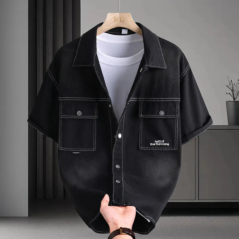 Trendy Mens Solid Denim Shirt Soft Breathable Lapel Collar DoublePocket ShortSleeve Casual Comfortable Top 250725