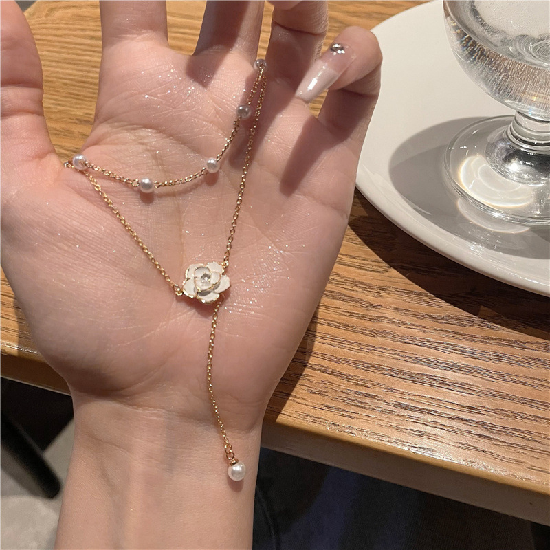 Double Layer Camellia Necklace ~ Pearl Tassel Niche Design High-end Light Clavicle Neck Chain for Women Jewelry for Women