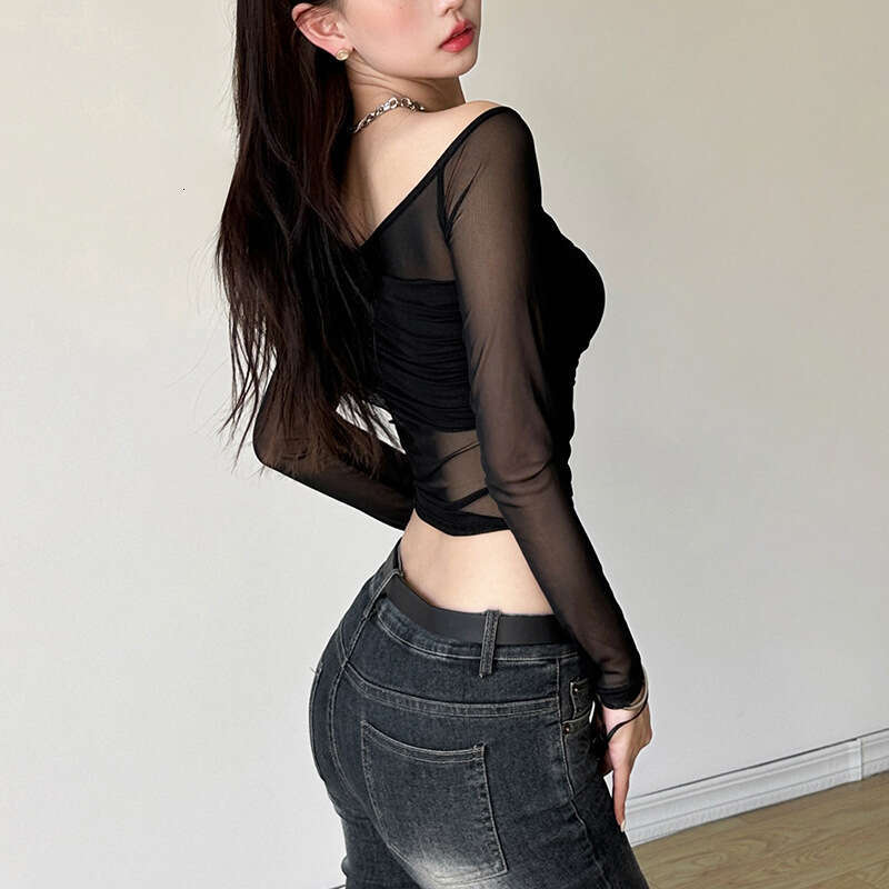 2023 Autumn Winter New Women's Solid Color Slim Fit Crop Street Fashion Off-Shoulder Long Sleeve Top a34