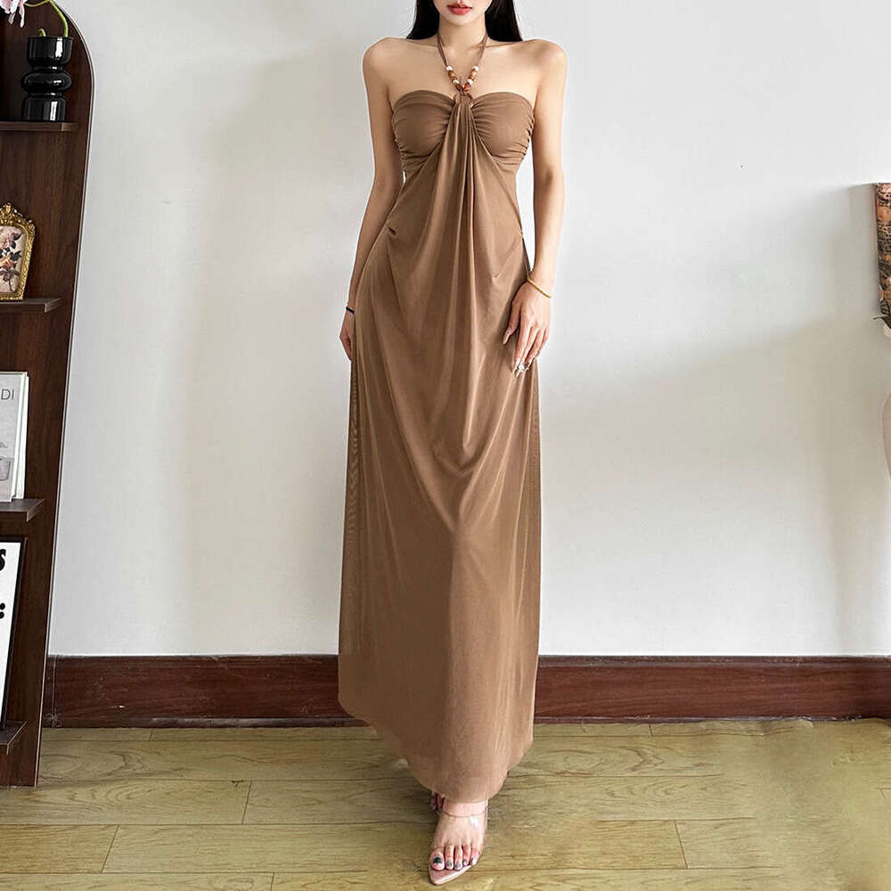 2025 Summer New Halter Neck Sleeveless Backless Slim Fit Waist-Cinching Solid Color Long Dress Women's Fashion 0a0