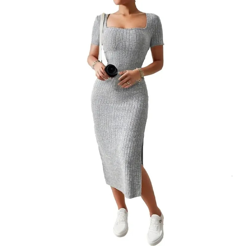 Summer Square Neck HipHugging MidLength Skirt ShortSleeved Versatile Knitted Slit Dress 250717
