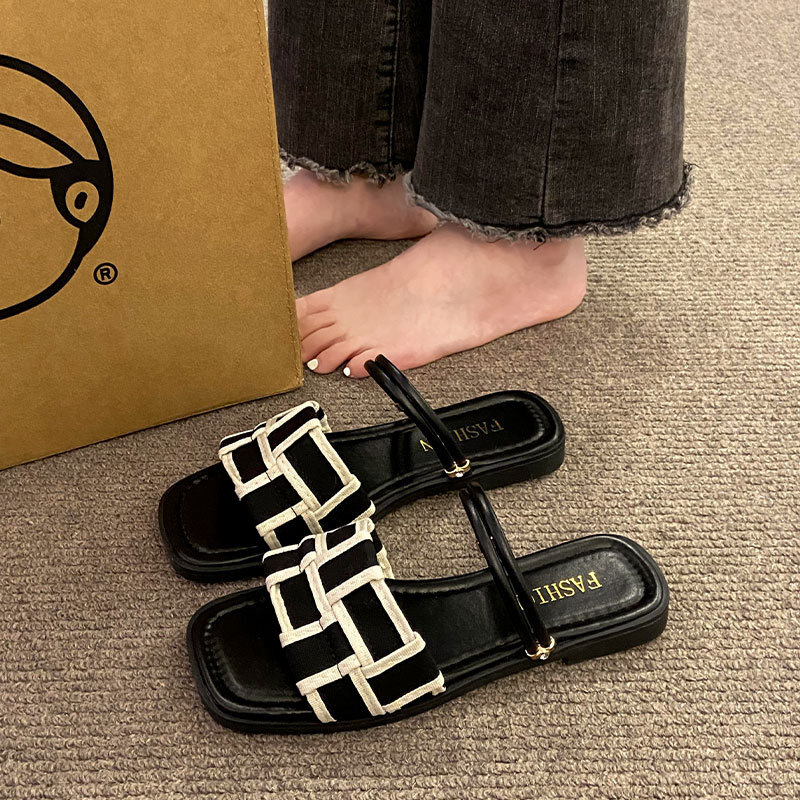 Ddmysports Square Toe Plaid Two Way For Women Outdoor Wear Summer New Korean Style Open Flat Simple Beach Sandals Outdoor Shoes