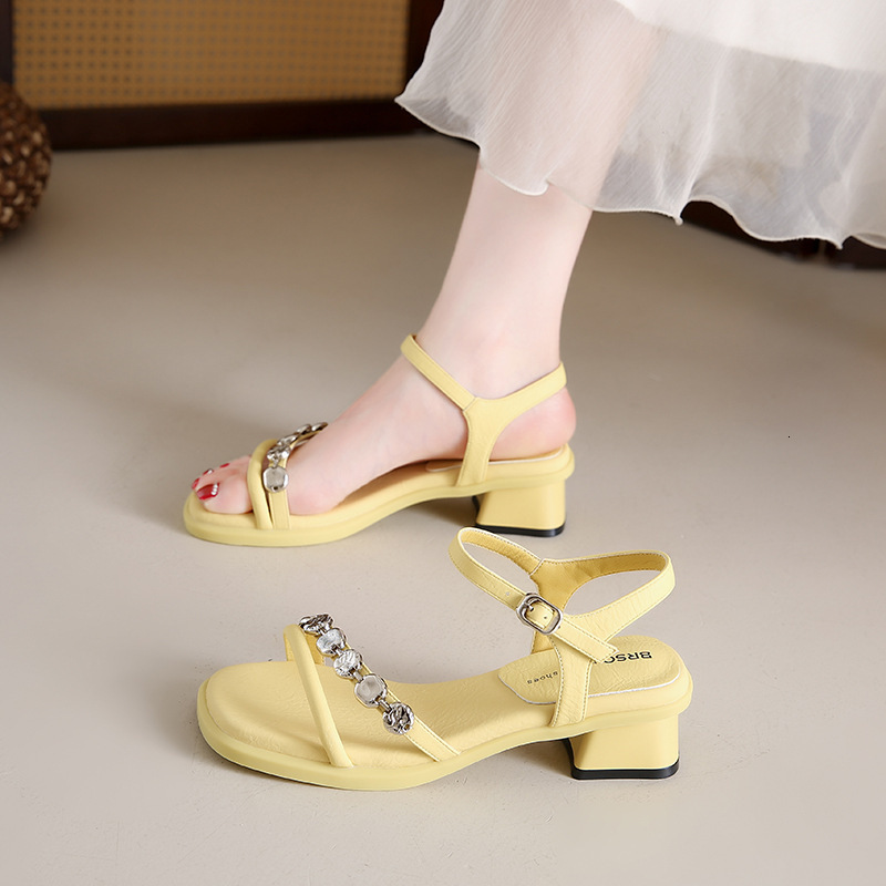 Ddmysports Women S Dress Sandals For Summer New Fashion Rhinestone French Style Chunky Heel Elegant One Strap High Heels Outdoor Shoes