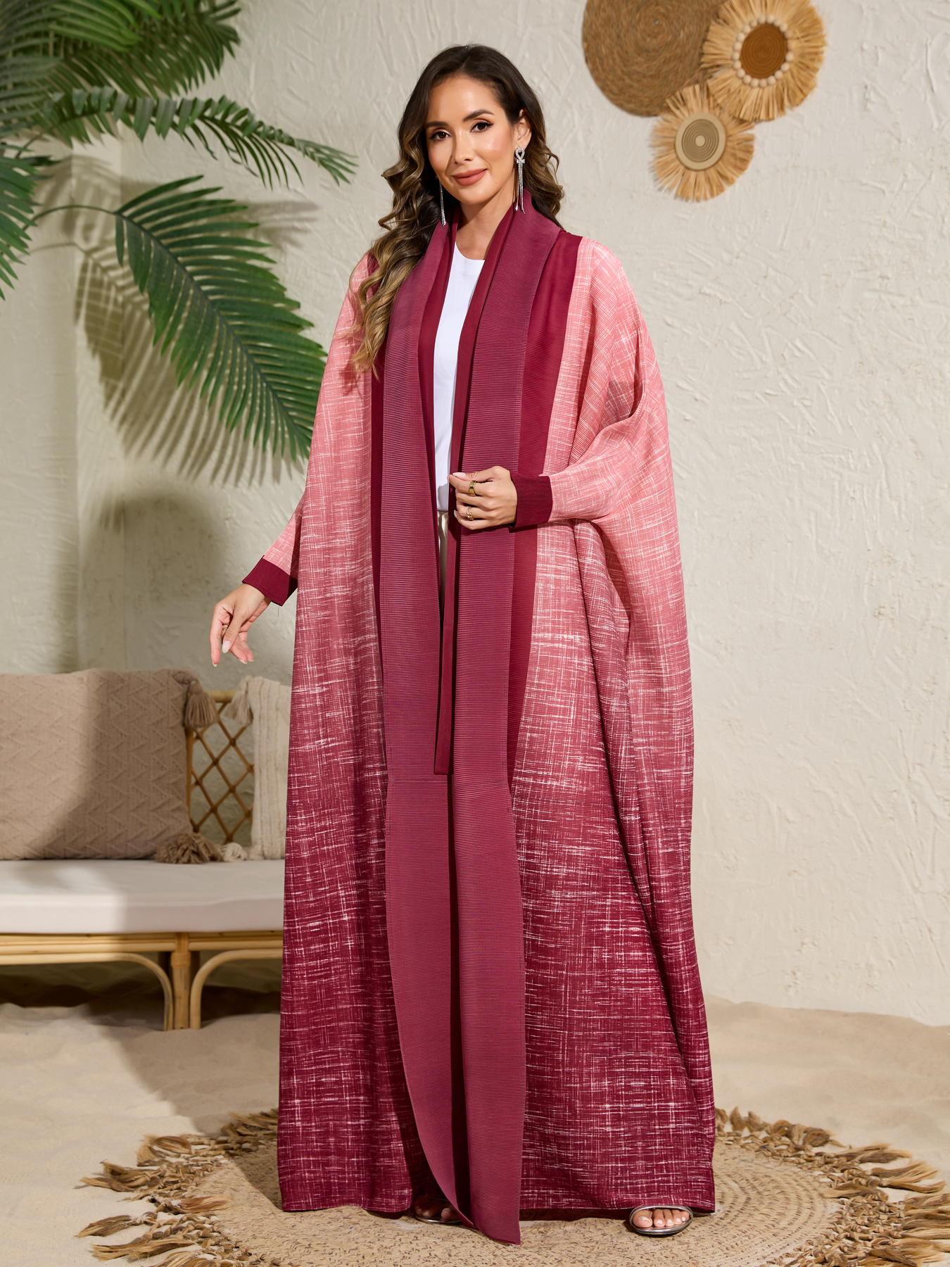 Long robe coat Ethnic Clothing The Middle Eastern printed pleated robe coat is elegant in Arab style NZ018