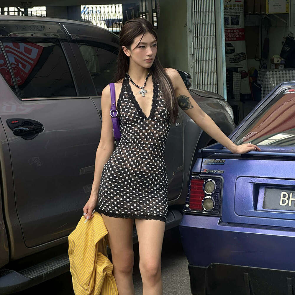 2025 Summer New Slim Fit Versatile Polka Dot Print Halter Neck Mid-Length Dress Women's Fashion 61a