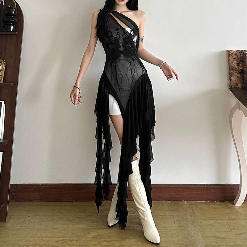 2025 Summer New Sexy One-Shoulder Sleeveless Mesh Two-Piece Irregular Slit Dress for Women 967