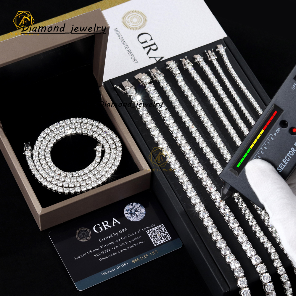 Ready to Ship Hip Hop 925 Sterling Silver VVS Moissanite Diamond Gold Plated Tennis Chain Bracelet Necklace for Men Women