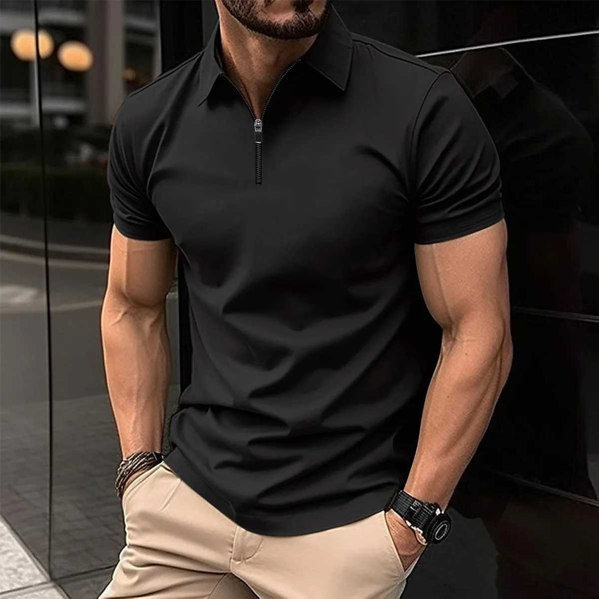 2024 Summer Mens Fashion Casual Lapel Zipper Solid Color Sports Breathable POLO Shirt Polo S XJ250725
