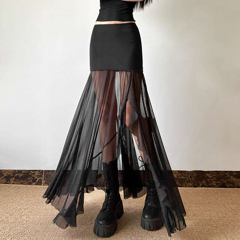 2024 Spring New Women's Solid Color Sexy High Waist Mesh Patchwork Skirt 163