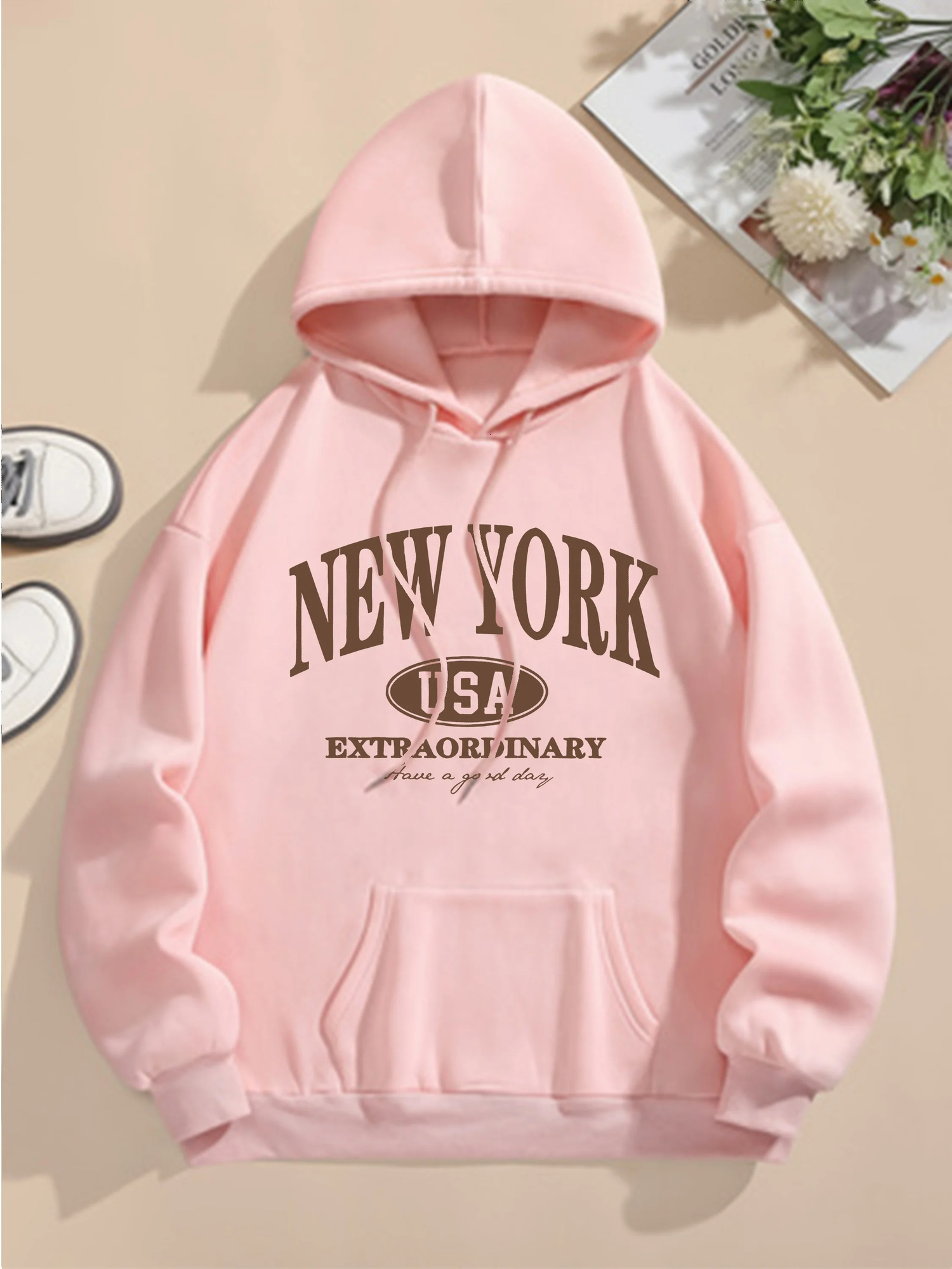 Letter Print Hoodie Drawstring Long Sleeve Casual Hooded Sweatshirt For Winter Fall Womens Clothing 250725