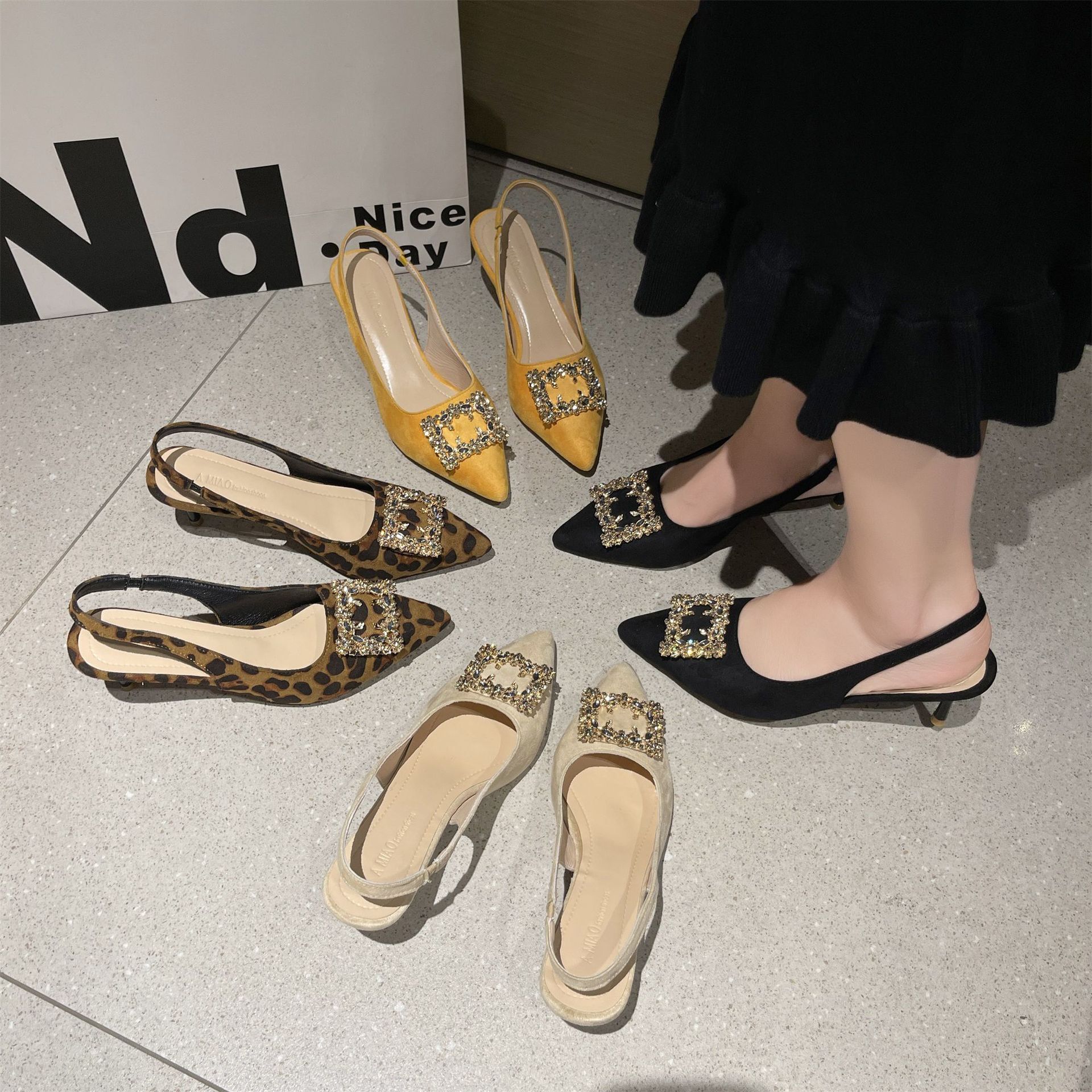 Ddmysports Elegant Pointed New Large Size High Heel Commuter Spring Summer Closed Toe Rhinestone Fairy French Style Backless Sandals Outdoor Shoes