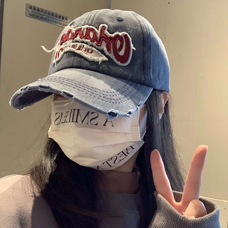 american style vintage baseball cap for women large head circumference washed distressed denim wide brim duckbill cap face slimming hat