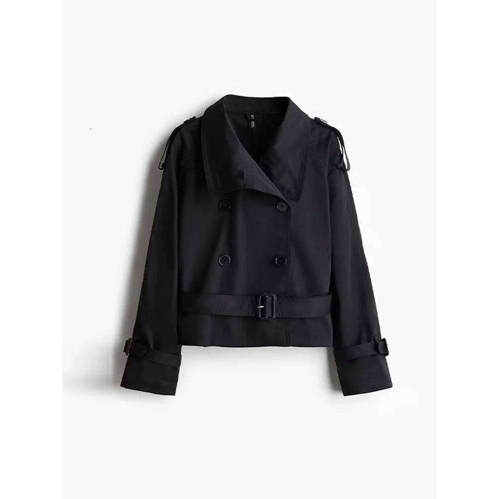 Spring Women's Short Jacket Trench Coat Belt Double Breasted Stand Collar Long Sleeve Outerwear 2025 New High Street Windbreaker
