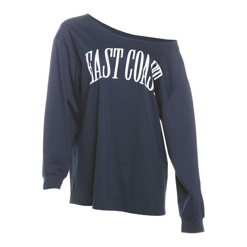 2024 Autumn New Women's Solid Color Loose Street Style Fashion Asymmetrical Neck Printed Long Sleeve Top 1e4