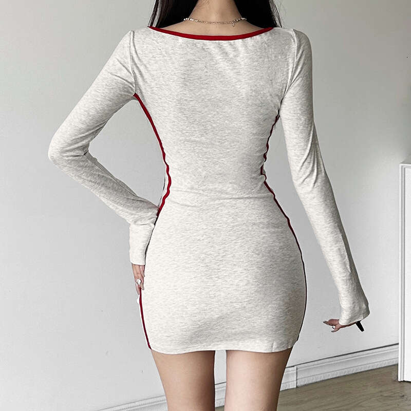 2024 Autumn New Women's Solid Color Slim High Waist Fashion V-neck Printed Long Sleeve Dress 653