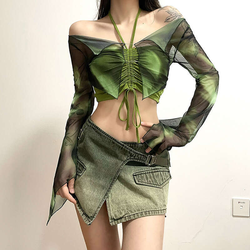 2023 Summer New Fashion Printed Long Sleeve Blouse Halter Neck Tube Top Two-Piece Set for Women 33c