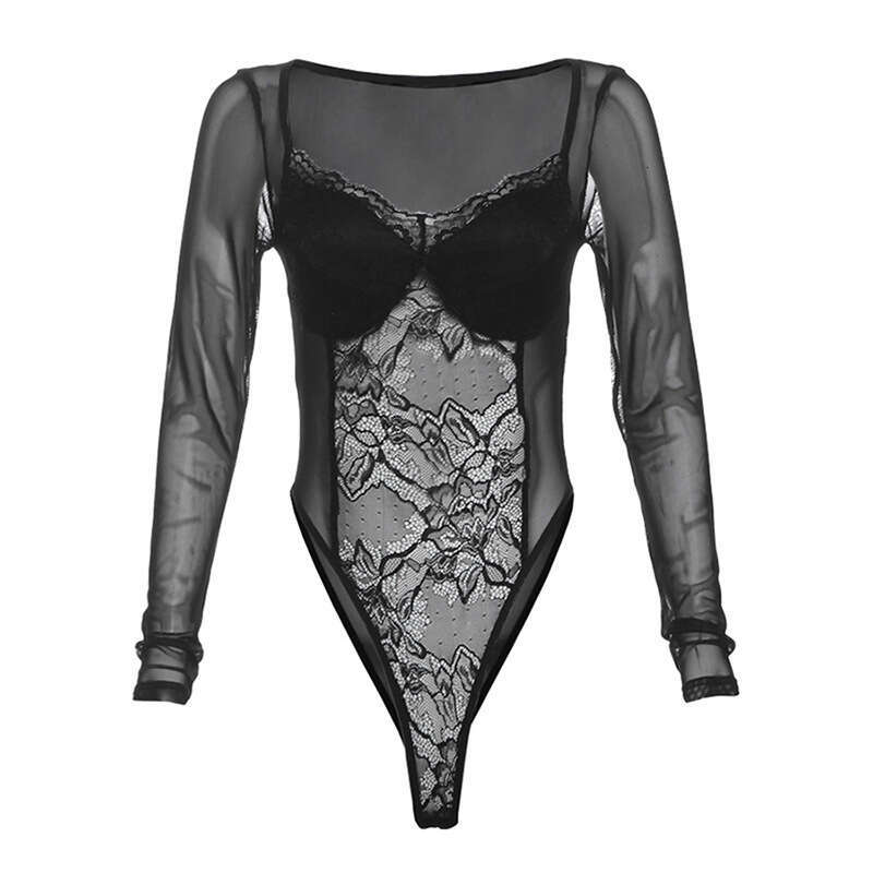 2024 Autumn New Women's Solid Color Slim Street Fashion Square Neck Long Sleeve Mesh Jumpsuit 89c
