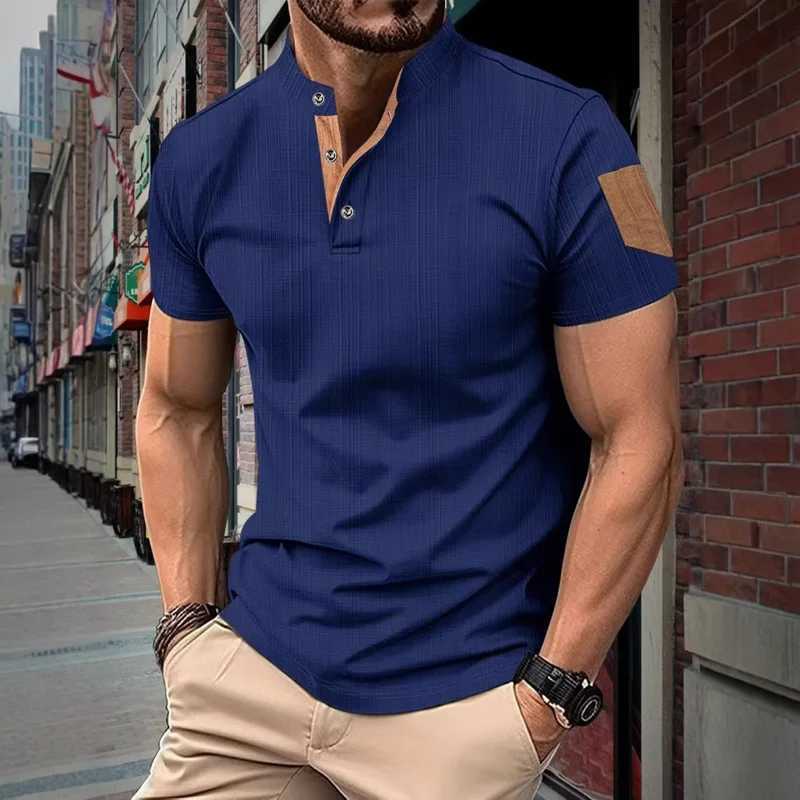 Mens summer fashion short sleeved T-shirt mens business casual Henley shirt breathable solid color stand up collar top Y250724