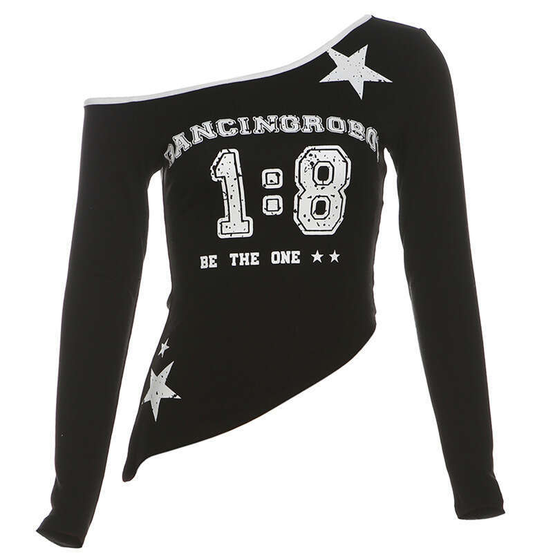 2024 Autumn New Women's Fashion Solid Color Slim Street Style Asymmetrical Neck Long Sleeve Printed Top 840