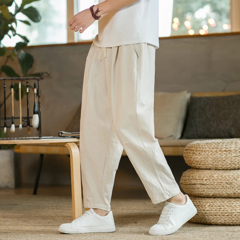 Mens Trousers Cotton Linen Fashion Casual Pants Solid Color Breathable Loose Shorts Straight Drawstring Streetwear Men y250725