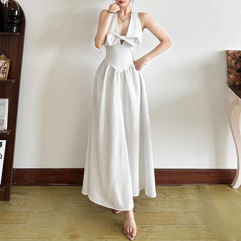 2025 Summer Fashion Halter Neck V-Neck Hollow Out Striped Print Waist-Cinching Slim Fit Sleeveless Dress b13