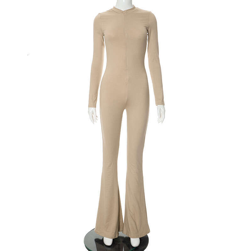 M23jp494 Women's Autumn New Solid Color Round Neck Zipper Slim Fit Flared Long Jumpsuit Casual Pants B5