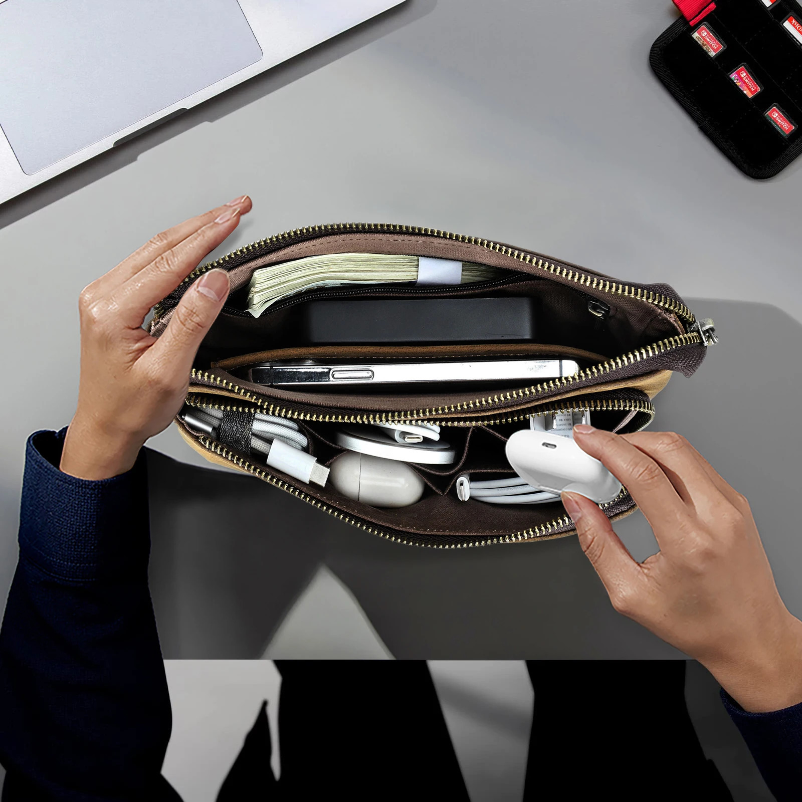 CONTACTS Genuine Leather Men Clutch Bag n Handbag Long Wallet Male Purse Travel Charge Storage Bag Cable Organizer 250723