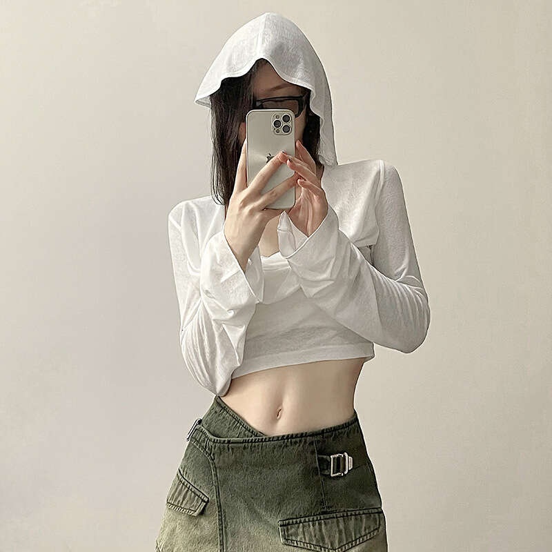 2023 Spring New Women's Solid Color Slim Fit Crop Top Fashion V-neck Hooded Long Sleeve Sun Protection Shirt 7bf