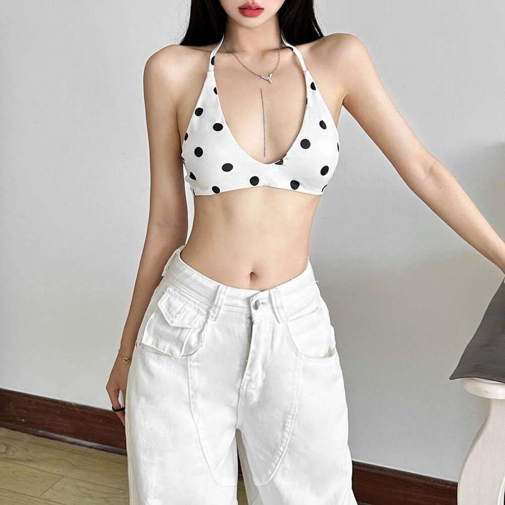 2025 Summer New High-Waisted Hollow Out Halter Neck Tie Solid Color Sexy Hot Girl Tube Top d3d