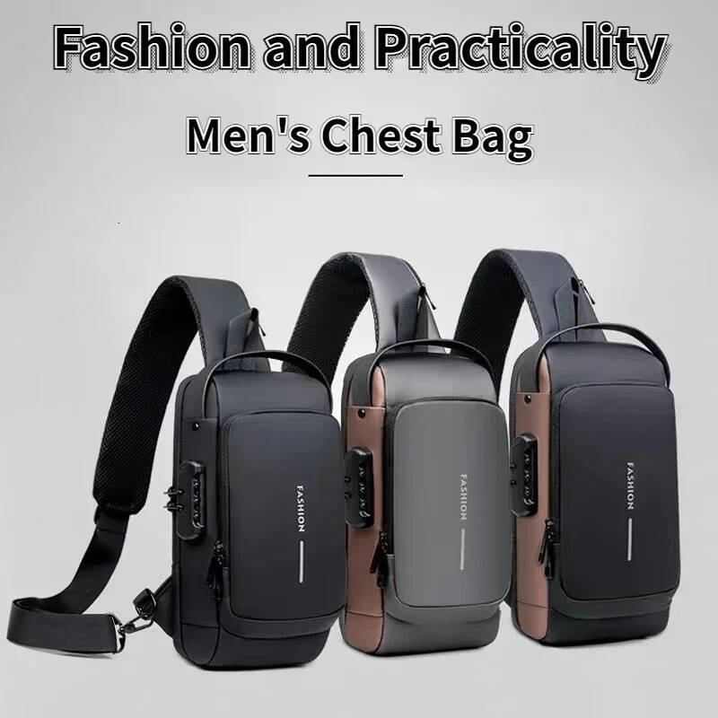 NEW Men Fashion Chest Anti-Theft Tape Portable Backpack With USB Charging Port Male PU Shoulder Outdoor Sports Crossbody Bag