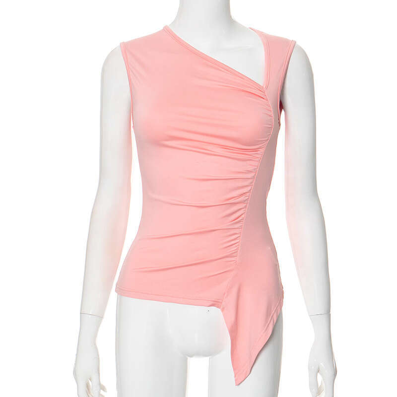 Qtp3 Women's Summer New Solid Color Sleeveless Irregular Sexy Ruched T-Shirt Top B5