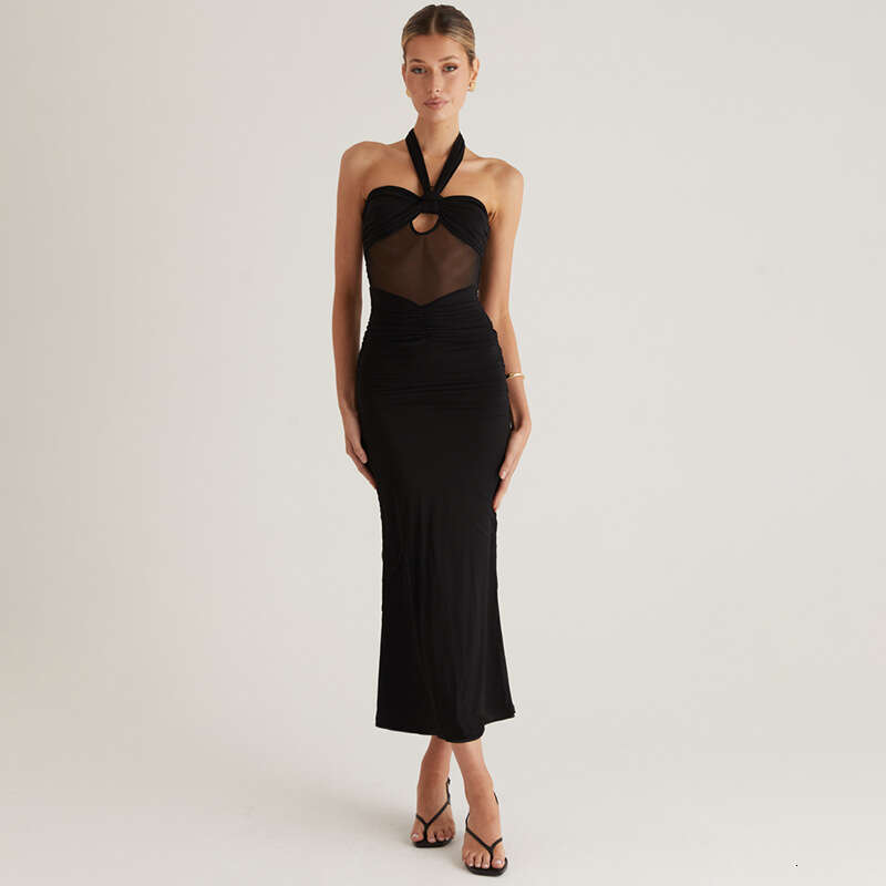 Y25ds1 Women's Spring Summer New Solid Color Halter Backless Sheer Sexy Dress B5