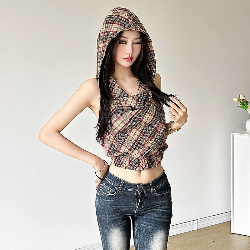 2024 Summer New Women's Solid Color Slim Street Fashion Hooded Sleeveless Backless Top d51