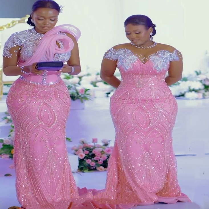 Mermaid Pink Prom Dresses 2025 Lace Crystals Sheer Neck Sequined Evening Formal Party Second Birthday Engagement Gowns Plus Size Dress For Special Occ