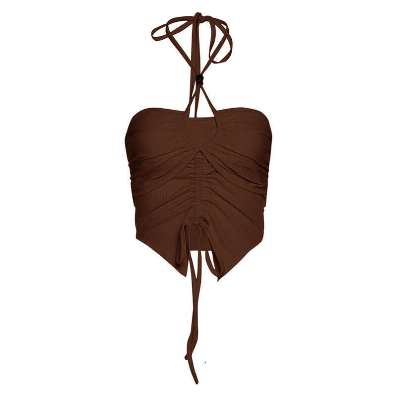 Trendy 2022 Summer New Women's Solid Color Sexy Tie Halter Ruched Camisole ccd