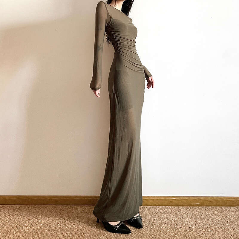 2024 Spring New Women's Solid Color Slim High Waist Fashion Round Neck Long Sleeve Sheer Mesh Dress 0b9