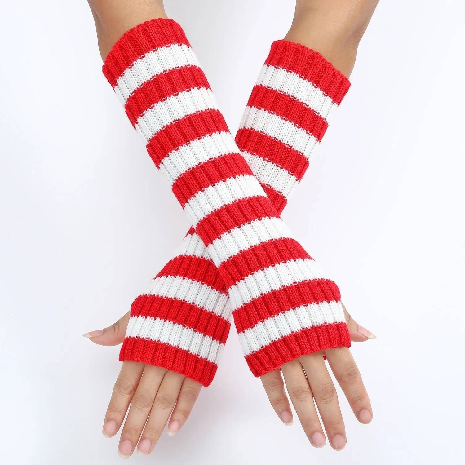 30cm Women's Fashionable Striped Fingerless Mittens Girls Long Knit Gloves for Warmth Winter Glove ddmythur