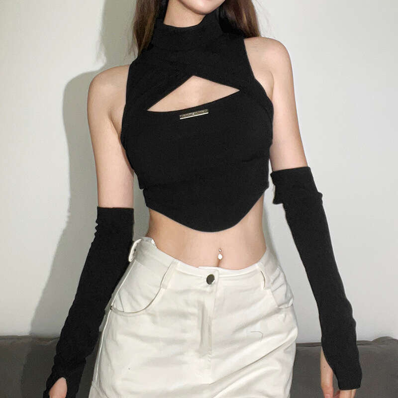 2022 Autumn New Women's Solid Color Sexy High Neck Sleeveless Hollow Out Crop Top Vest 931