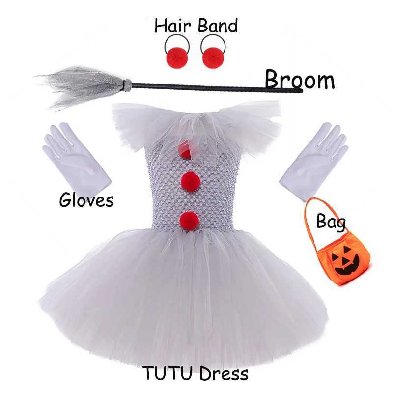 Kids Gray Circus Clown Tutu Dress Girls Funny Joker Halloween Outfit for Birthday Carnival Parties Dress + Gloves + Hairband Z250725