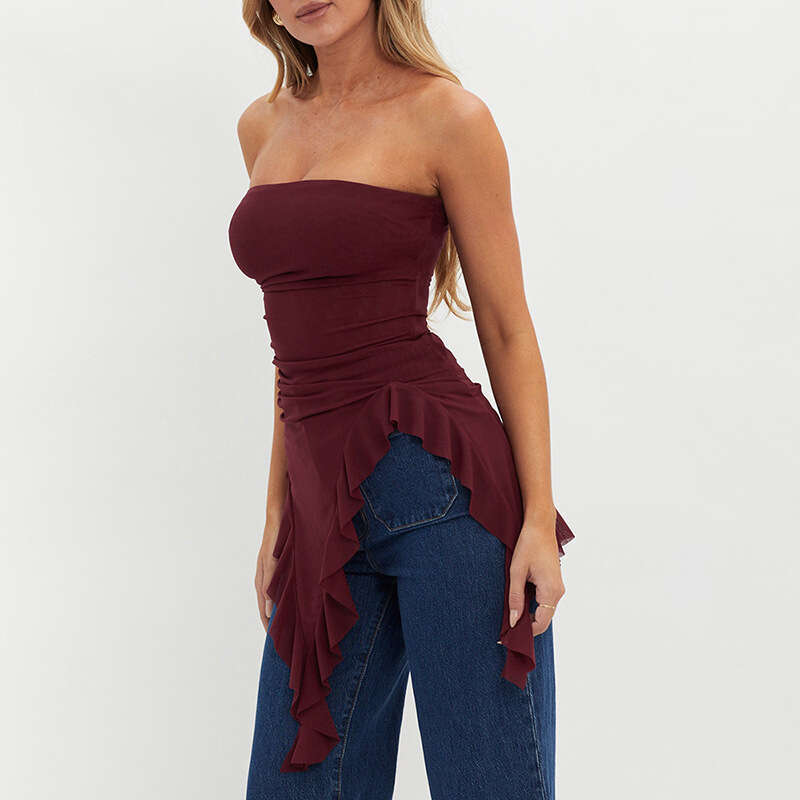 M23tp707 Women's Winter New Mesh Off-Shoulder Tube Top Backless Ruffled Blouse T-Shirt B5