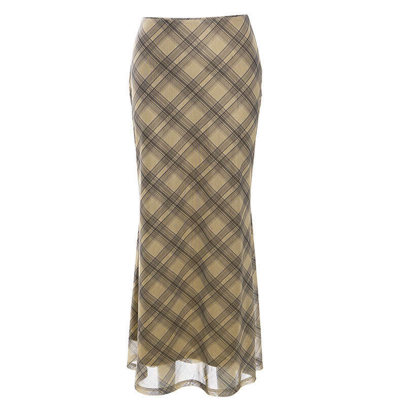 2023 Summer New Women's Solid Color Slim Fit Bodycon Street Fashion High Waist Plaid Skirt 242