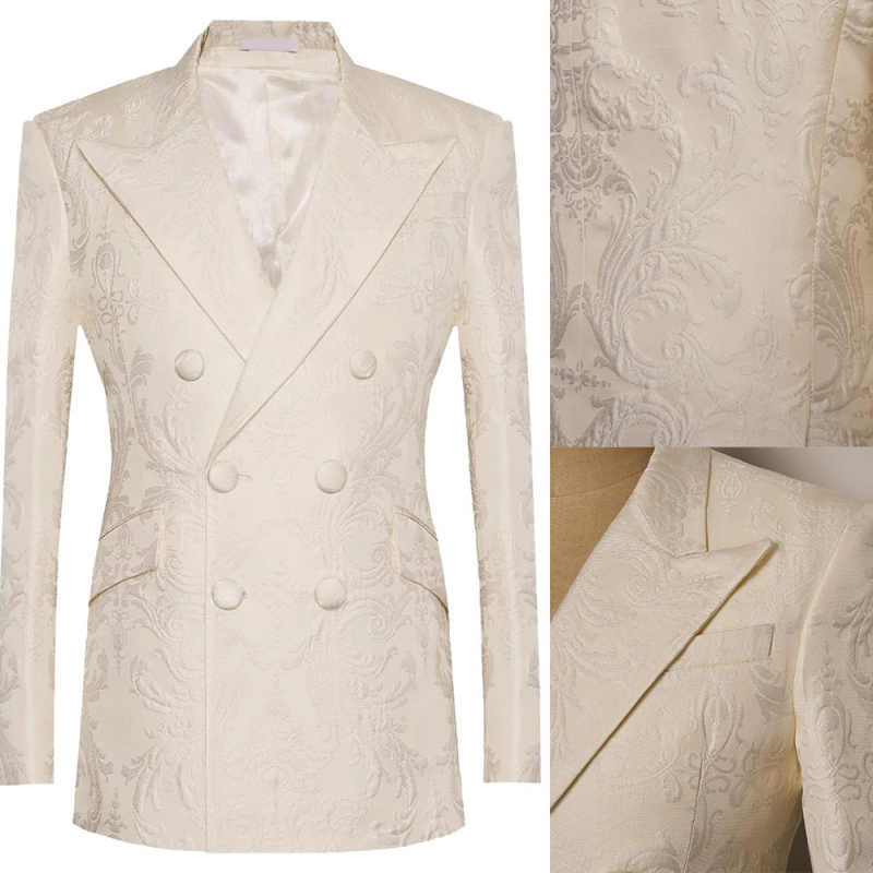 White Jacquard Men's Suits Peaked Lapel Double Breasted Groom Tuxedo Formal Party Evening Tailored Made Prom Dress